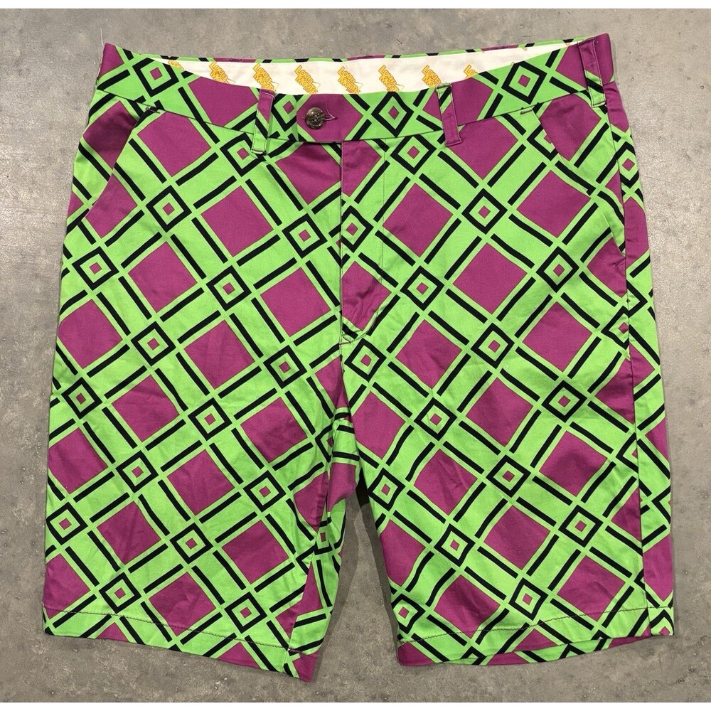 LOUDMOUTH Mens Golf Shorts Green & Purple Diamond Print Size 36